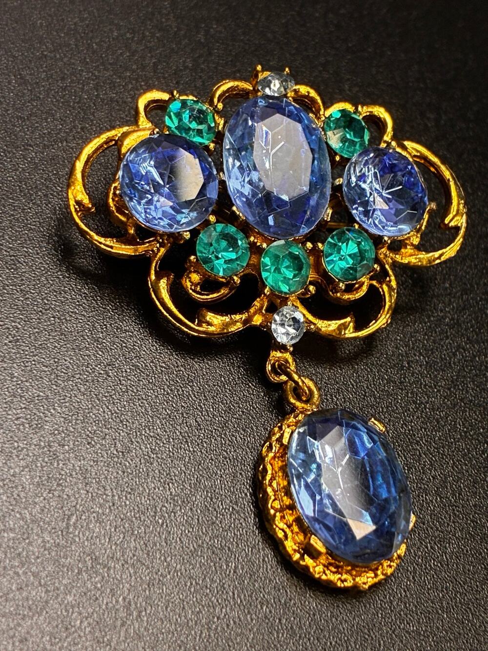 Vintage Blue & Teal Rhinestone Dangle Statement Brooch